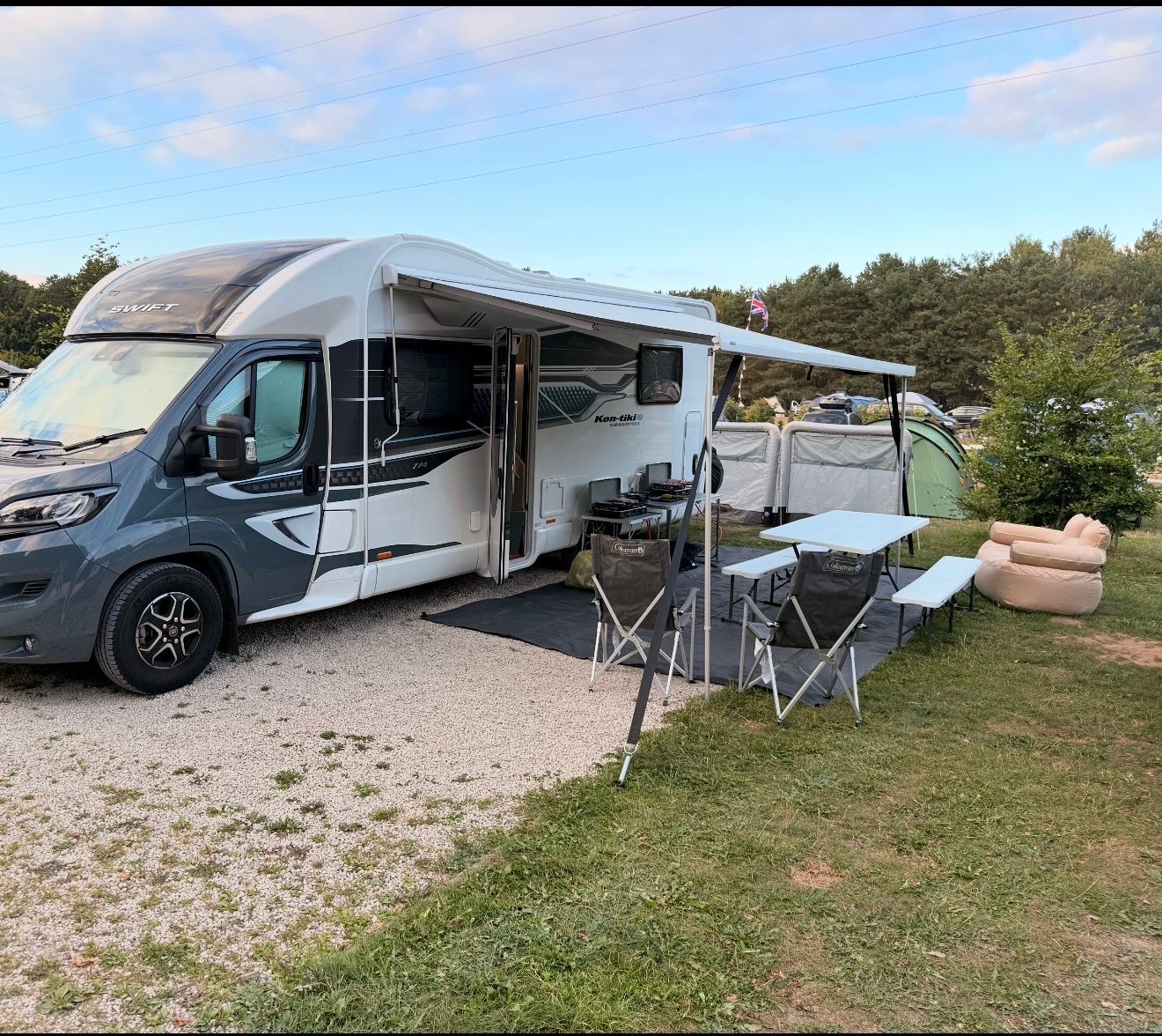 Betty the Kon-Tiki 774 motorhome pitched up with the awning out, ready for a Peak District weekend