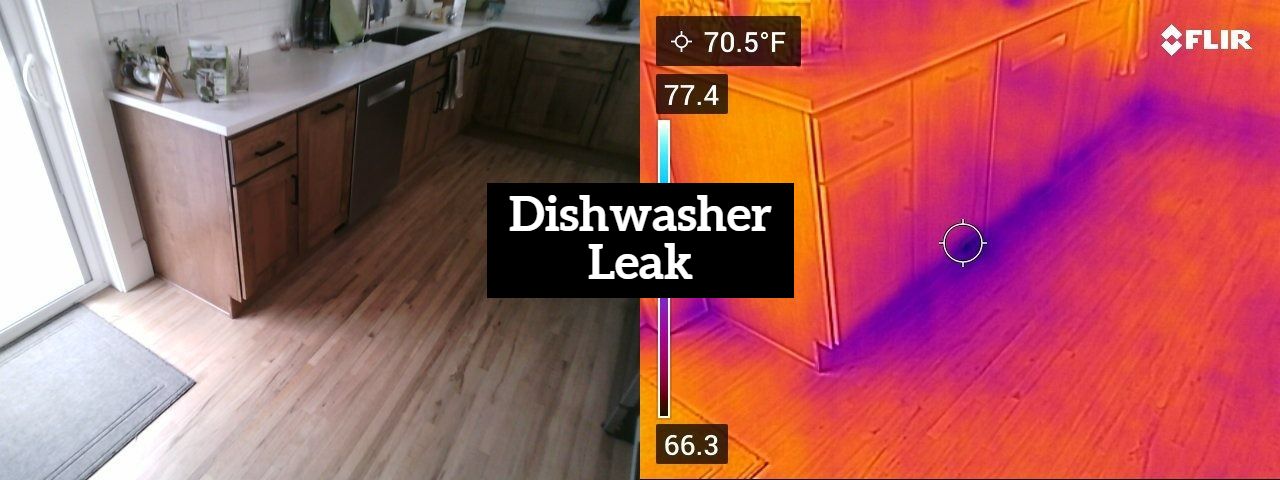 A thermal image of a kitchen with a dishwasher leak.