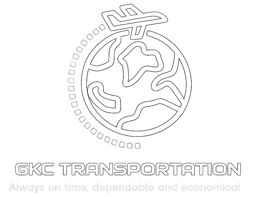 GKC Transportation logo with stylized globe and airplane; tagline: “Always on time, dependable and economical.”