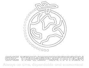 GKC Transportation logo with stylized globe and airplane; tagline: “Always on time, dependable and economical.”