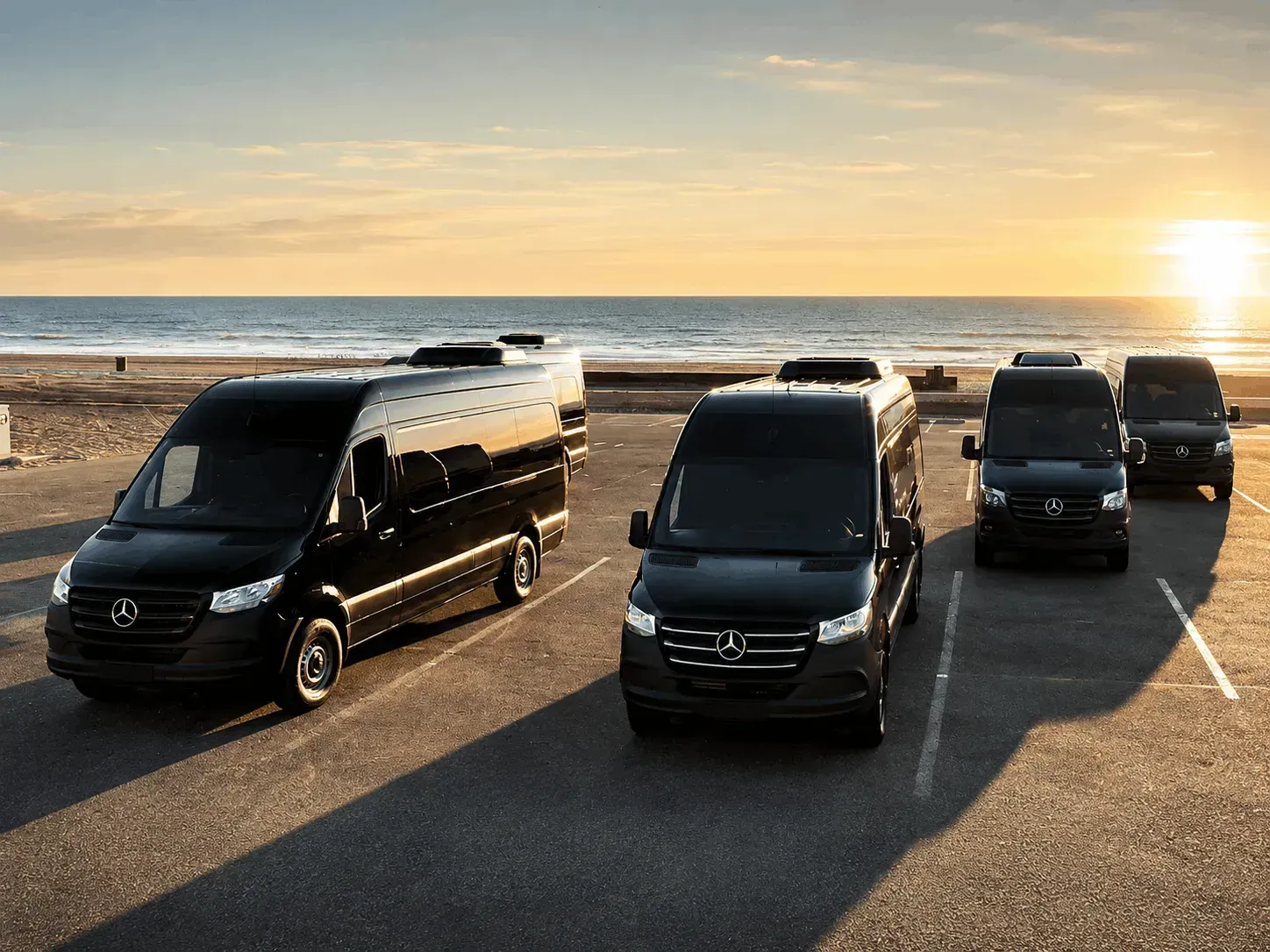 Five black vans parked on a beach at sunset, facing the ocean.