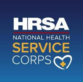 HRSA National Health Service Corps logo on blue background with white and gold text and heart icon