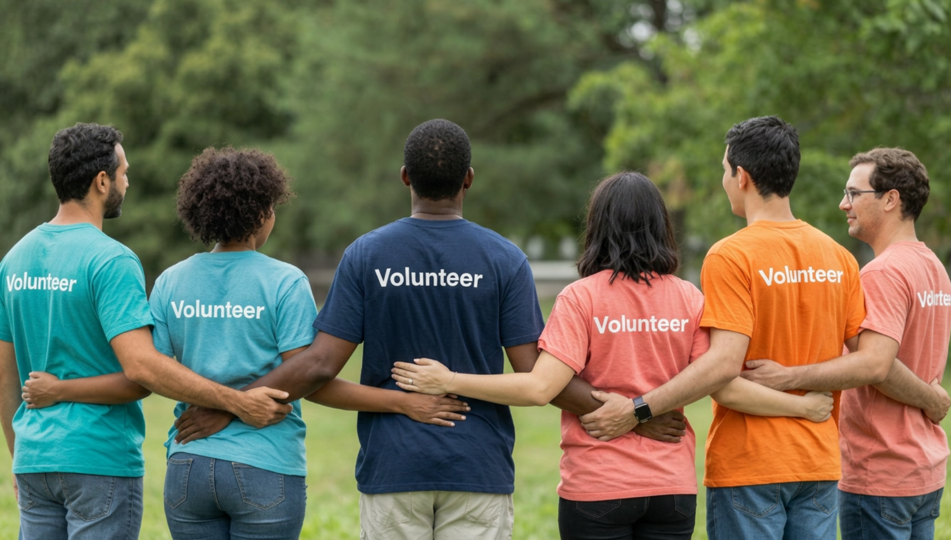 Five volunteers in colored shirts stand arm-in-arm outdoors, facing away from the camera.