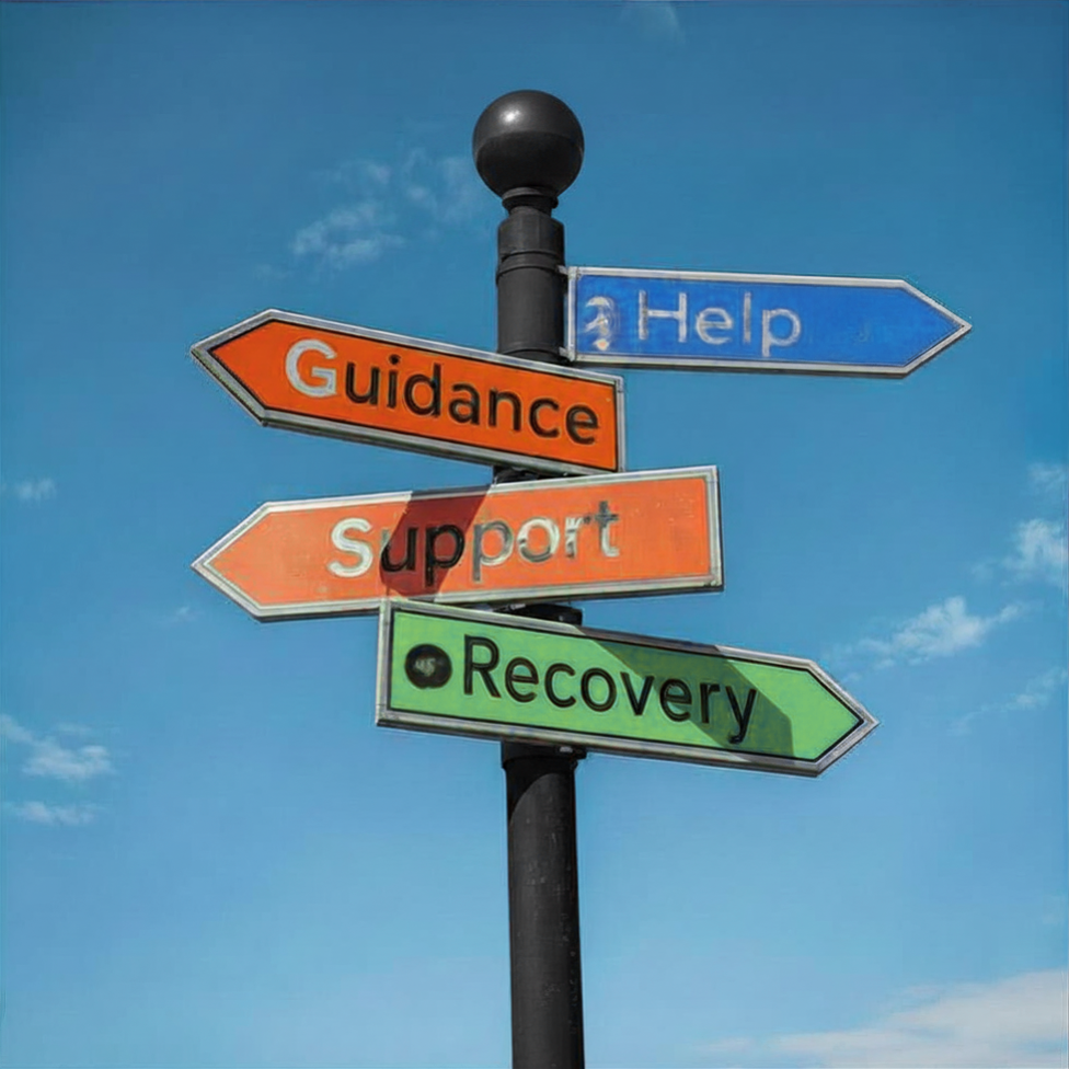 Colorful signpost with arrows labeled Help, Guidance, Support, and Recovery against a blue sky