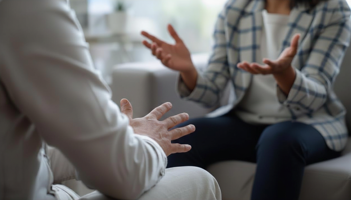 Two people in a counseling session, seated and gesturing while talking on a sofa