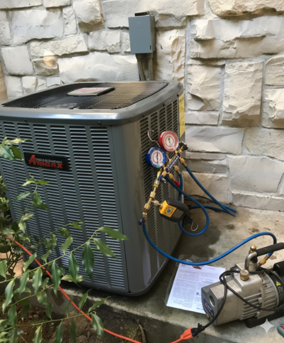 HVAC unit with gauges and pump connected, outside against a stone wall.