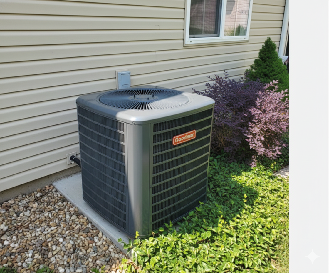 HVAC technician uses multimeter and tools on an outdoor unit. Backyard setting with a house.