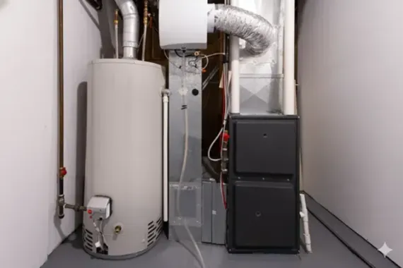 Water heater, furnace, and vent pipes in a utility room with white walls and gray floor.