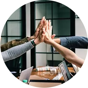 A group of people are giving each other a high five.