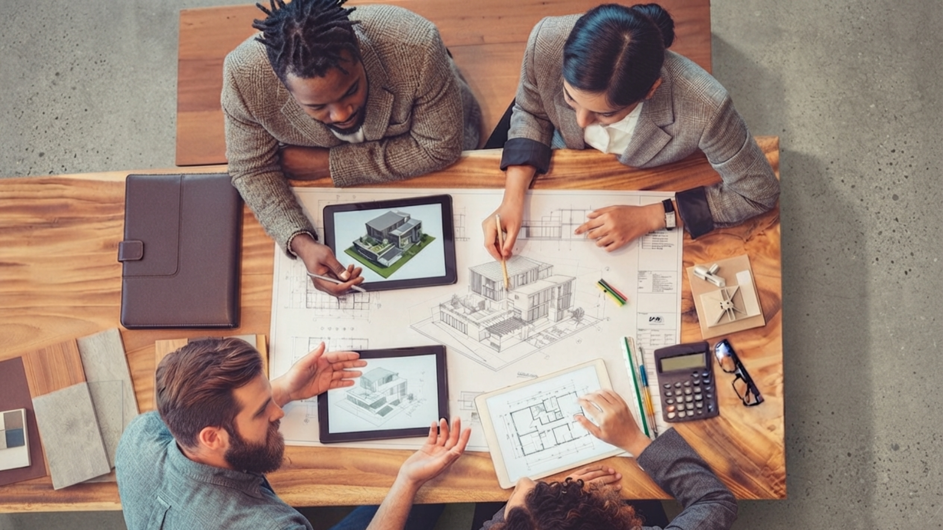 Three people collaborate over floor plans and sketches at a table with a laptop and calculator.