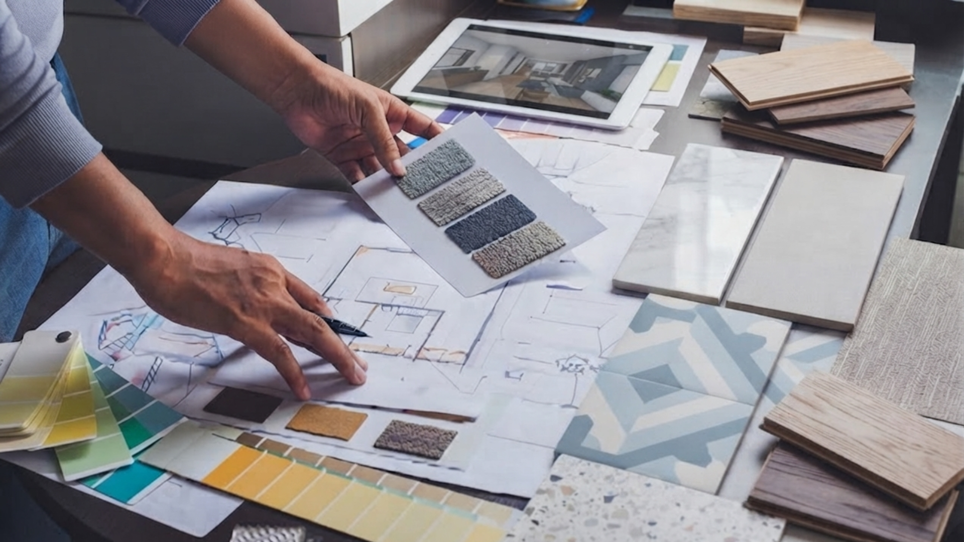 Hands arranging design samples, color swatches, and floor plan prints on a workspace table