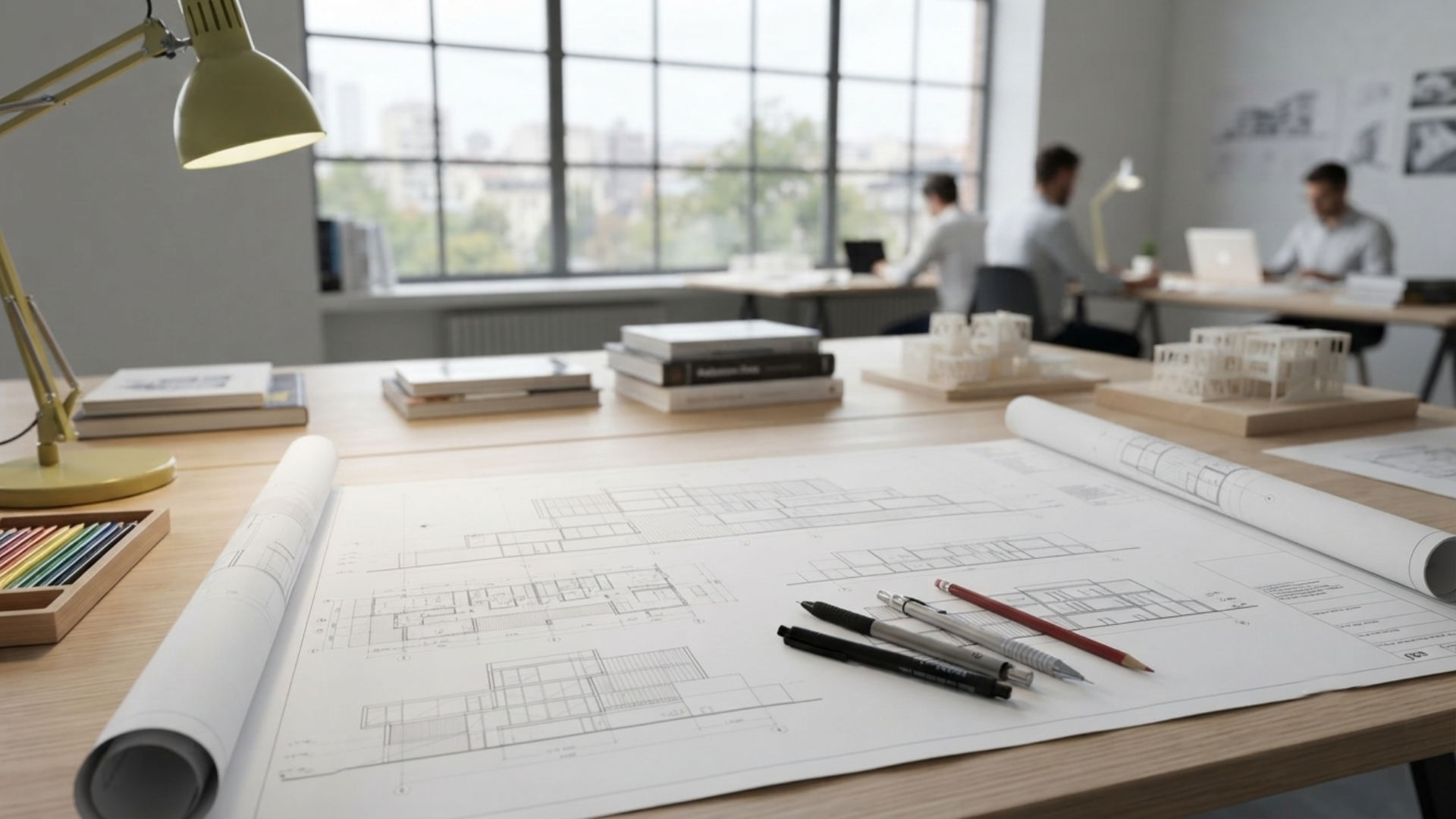 Architects' desk with blueprint sketches, pens, and a desk lamp in a bright studio with people in the background