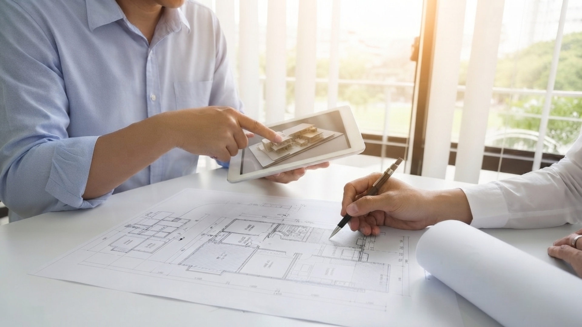 Two people reviewing architectural plans, one pointing at a tablet over a sunlit desk