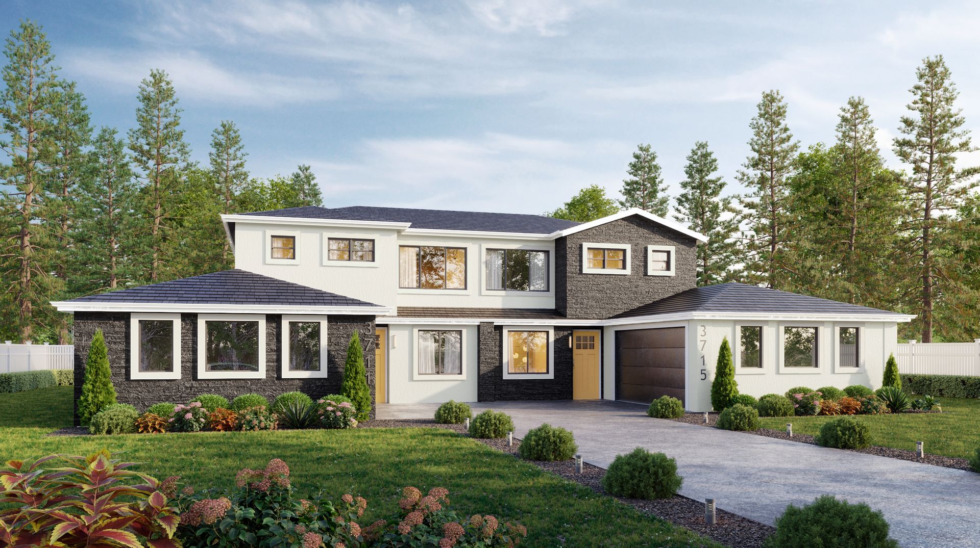 Modern two-story suburban house with dark roof, white trim, and landscaped front yard in daylight