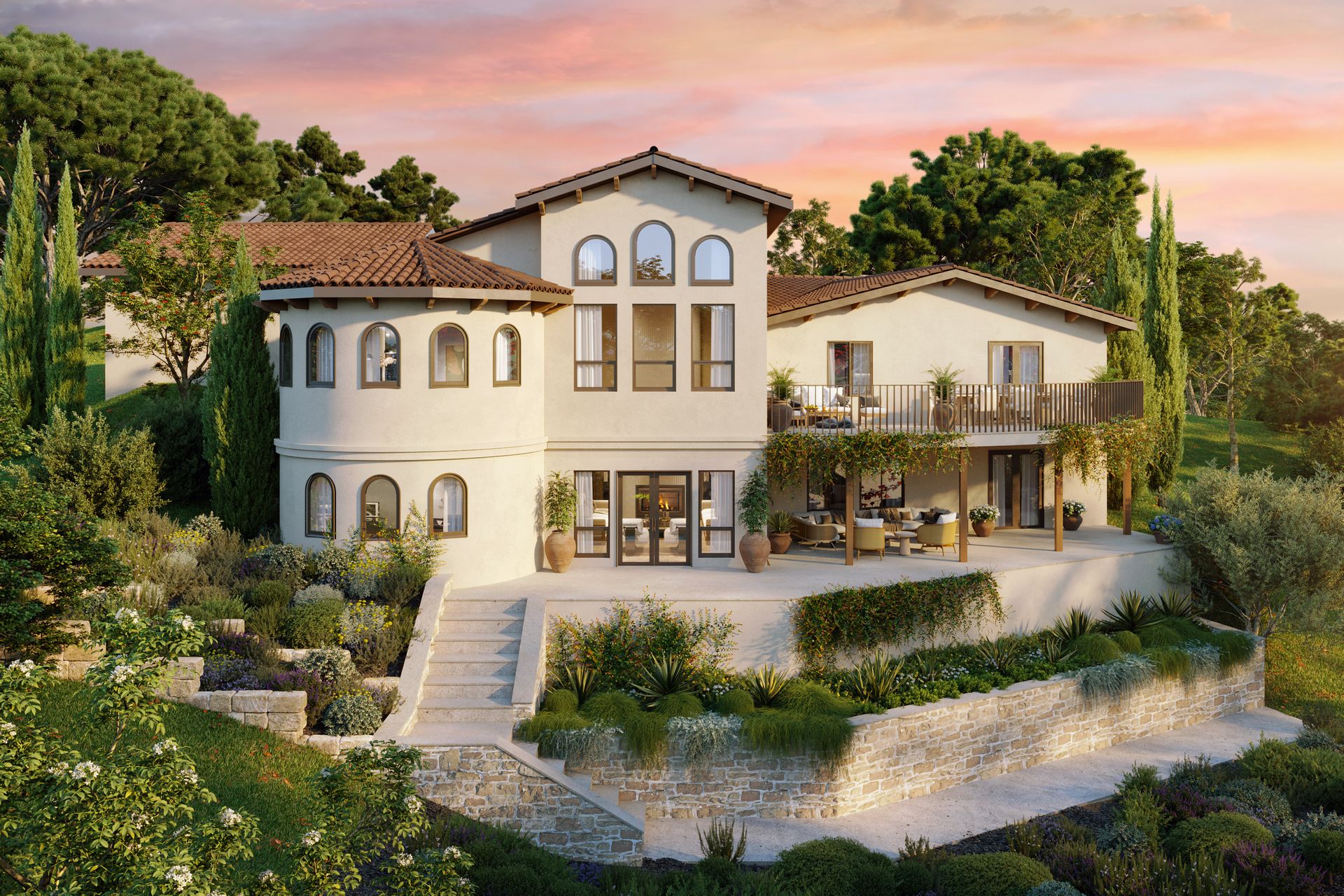 Luxury Mediterranean-style villa with cream walls, terracotta roof, and lush hillside garden at sunset
