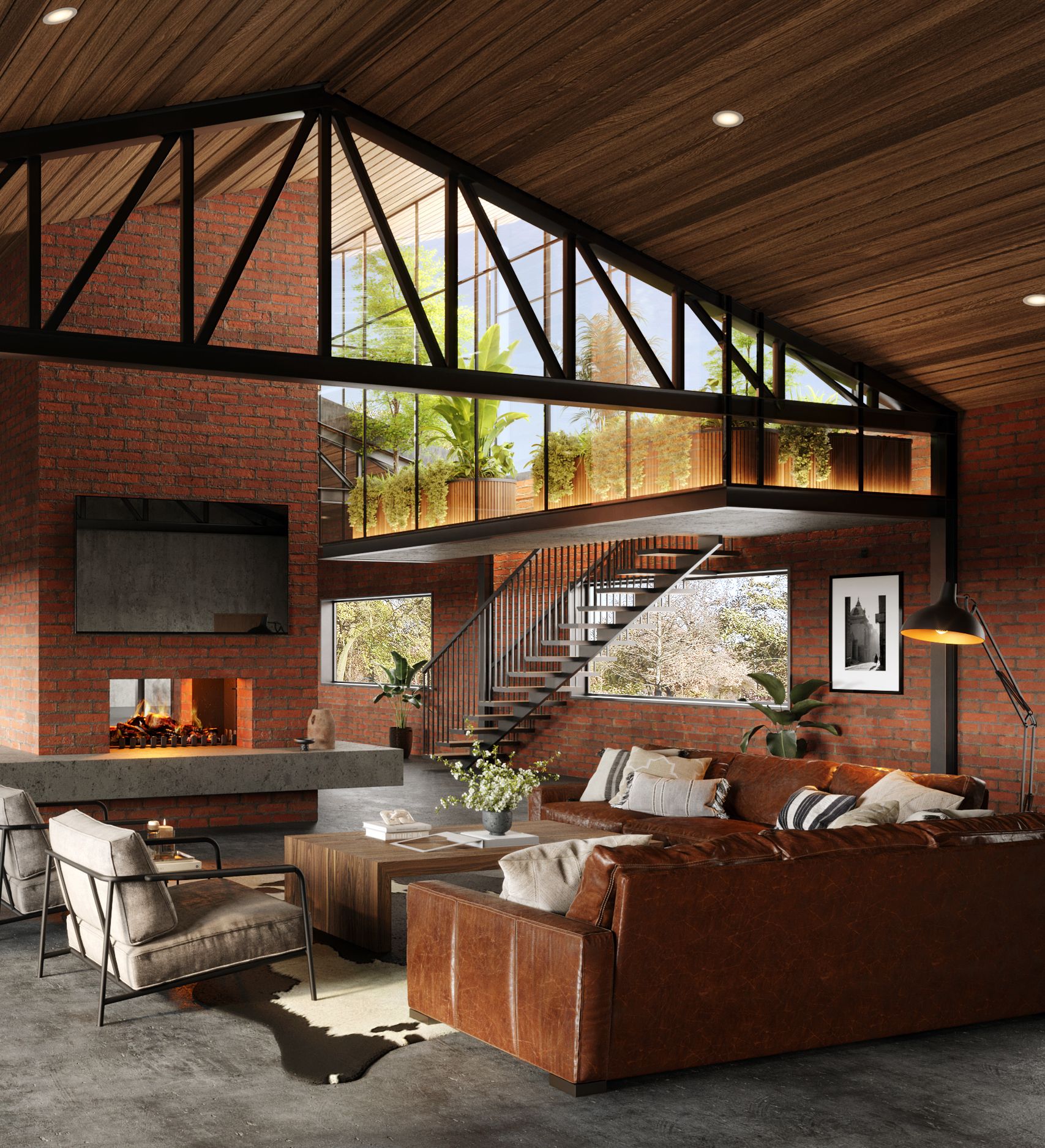 Warm modern living room with brick fireplace, leather sectional, wood ceiling, and large windows overlooking trees
