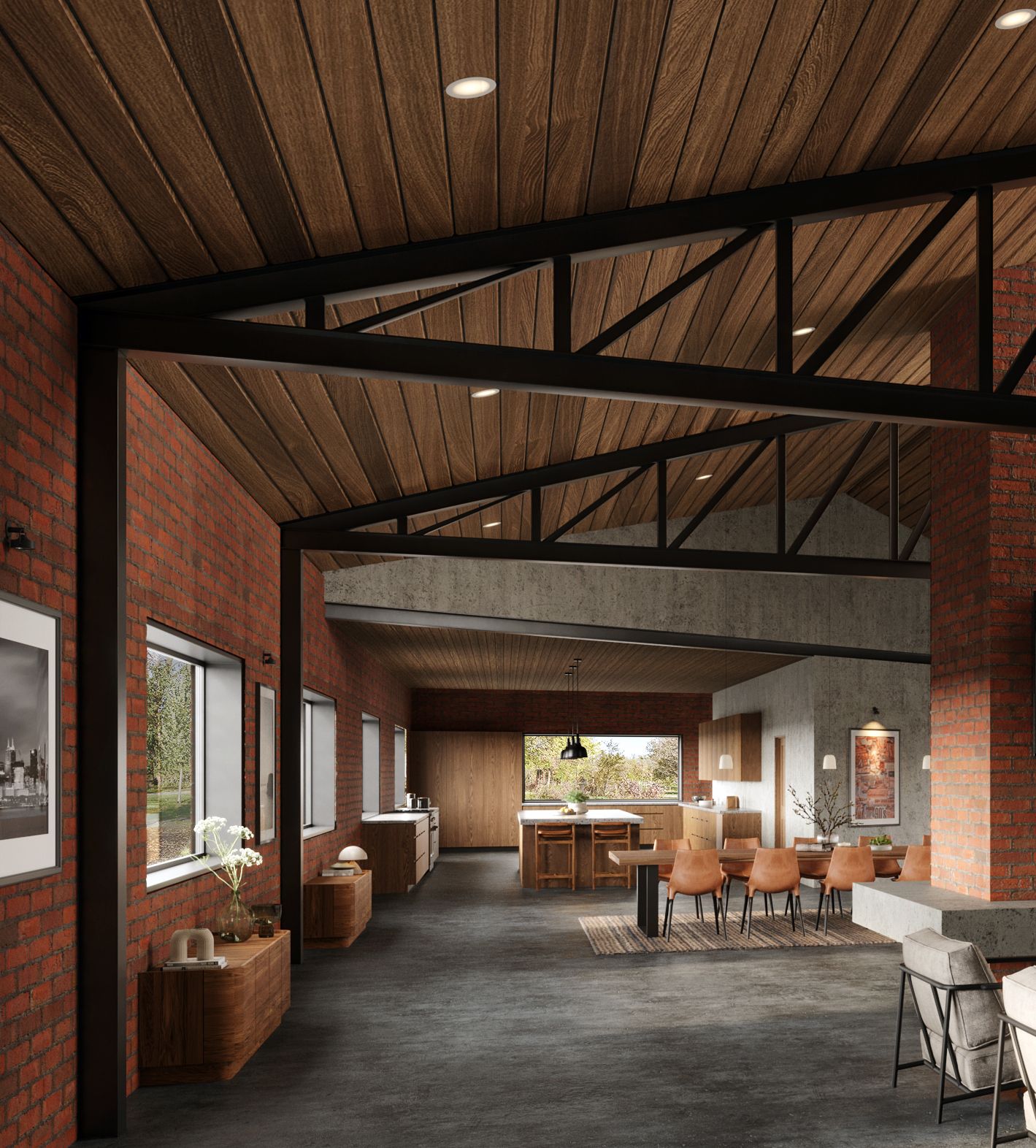 Open-plan brick and wood interior with dining tables, chairs, and a view to a bright outdoor opening