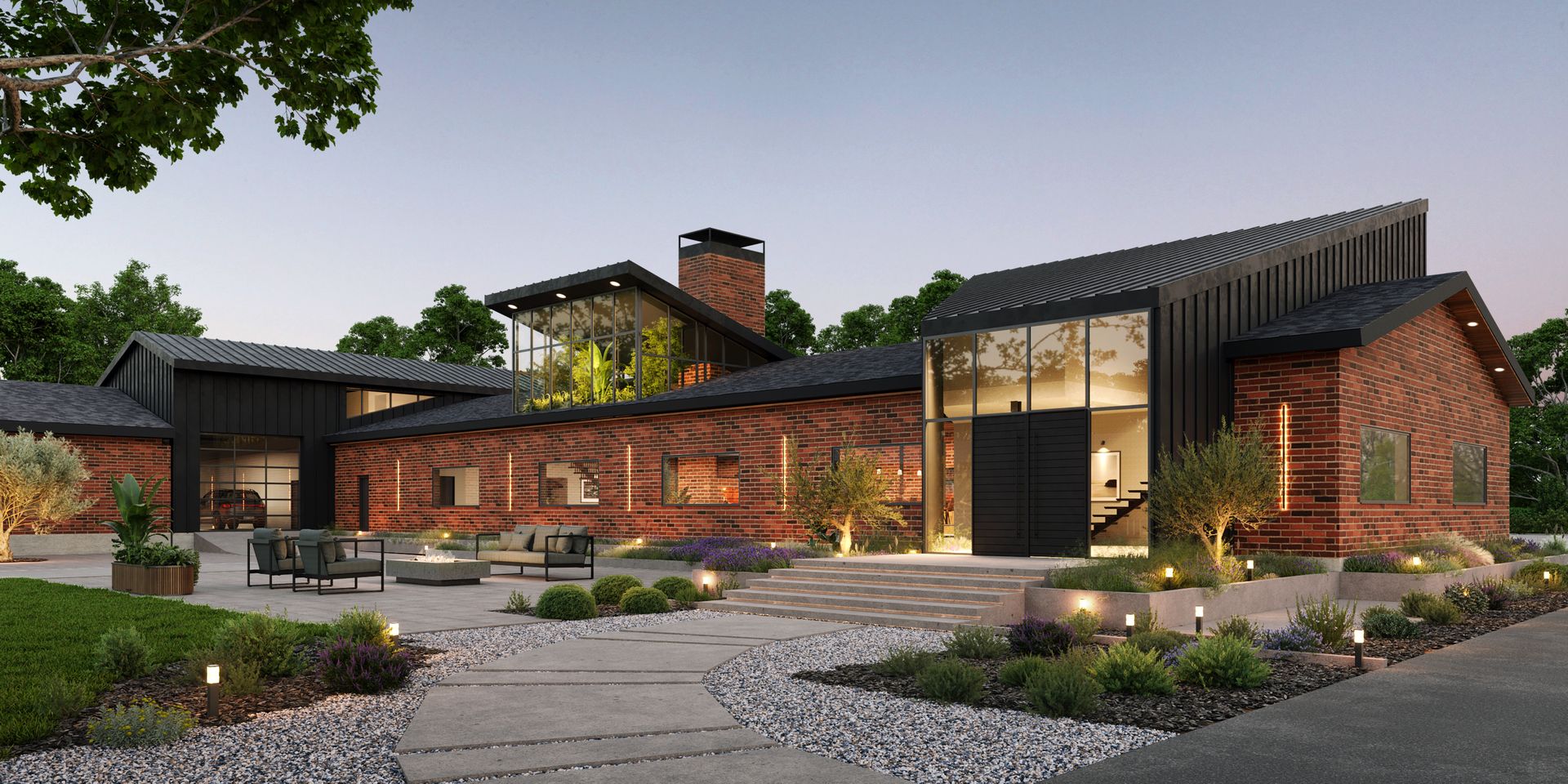 Modern open-plan living room with brick walls, wood ceiling, and dining table overlooking greenery