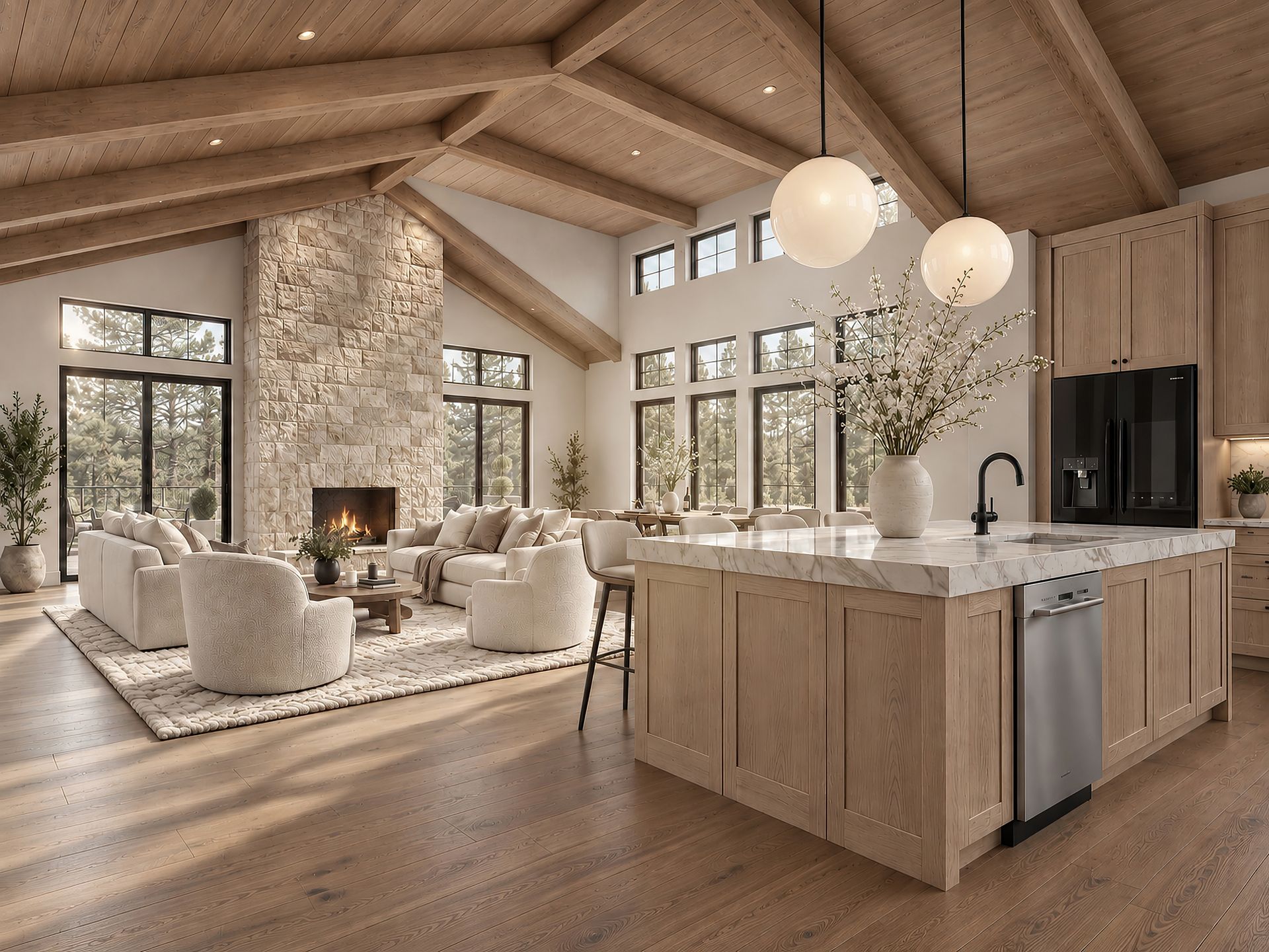 Bright modern living room with stone fireplace, wood beams, and a large kitchen island.