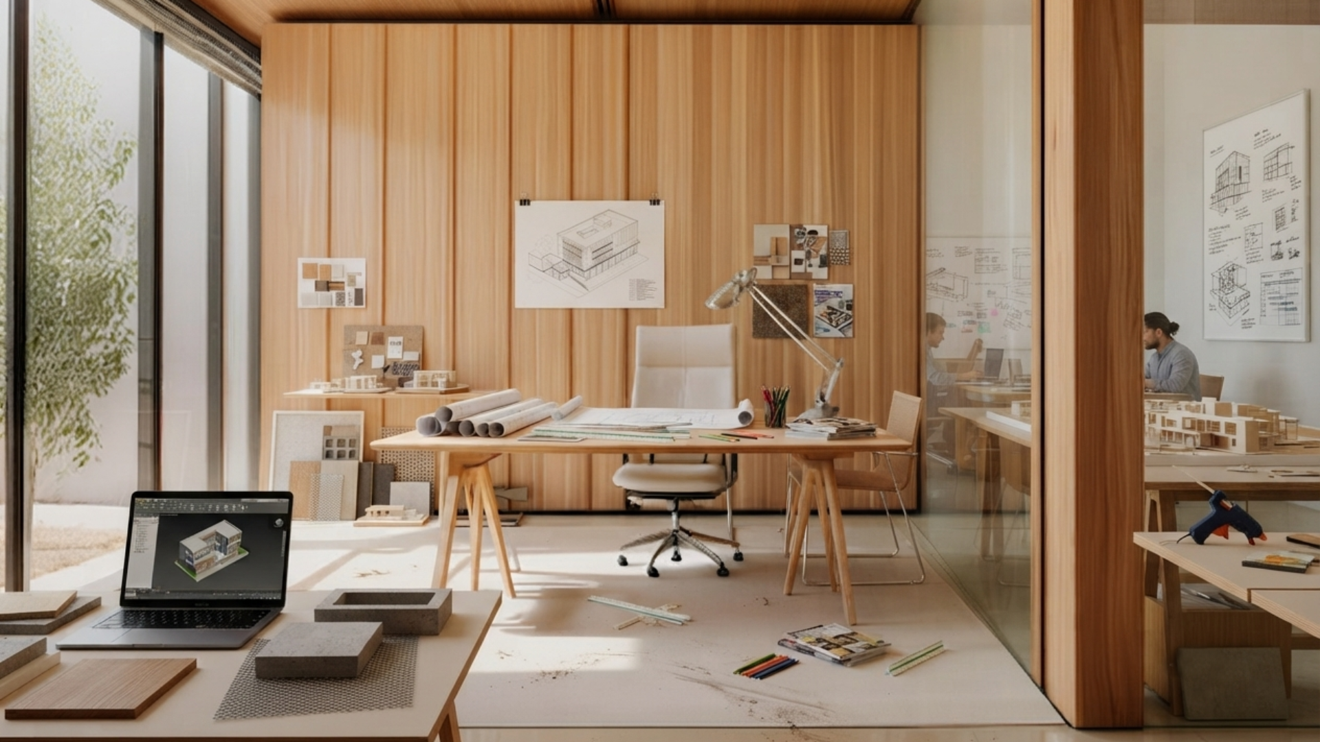 Minimalist wood-paneled office with drafting table, laptop, desk lamp, and art prints