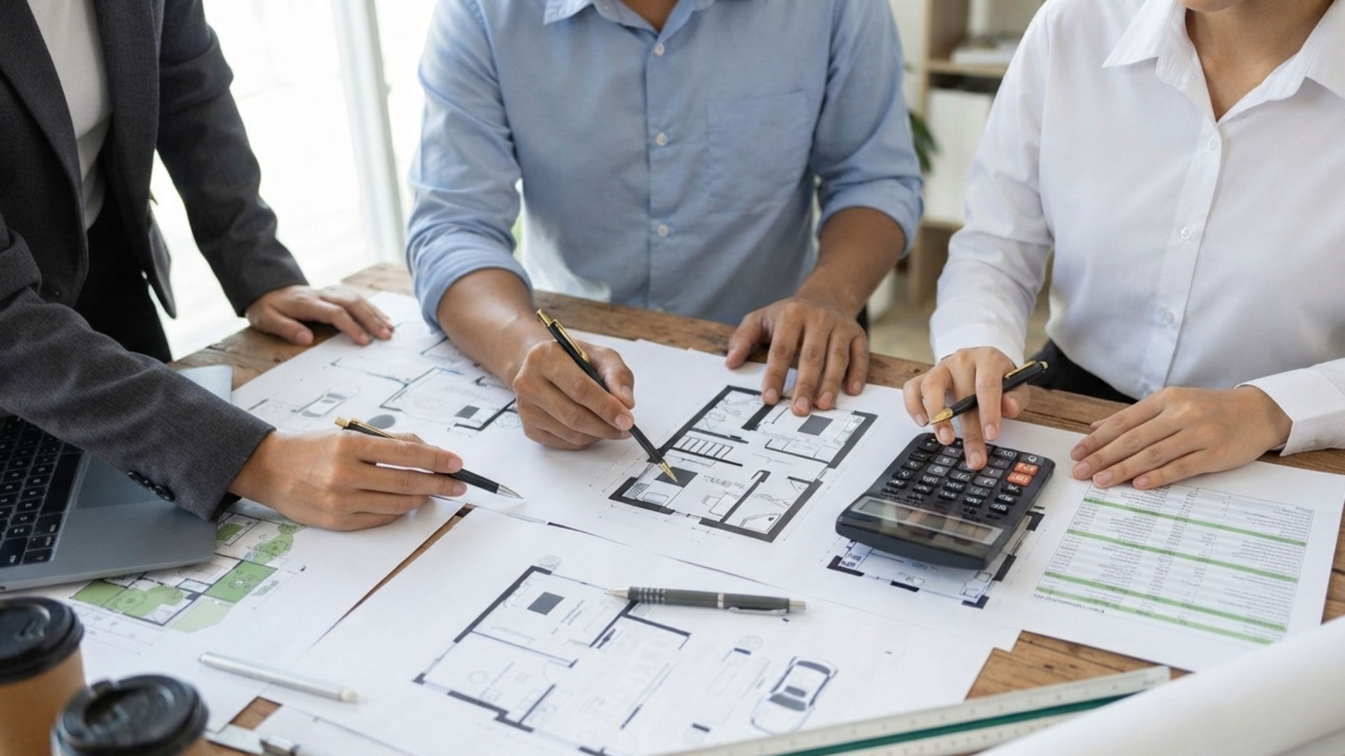 People reviewing architectural blueprints and floor plans at a table, writing and pointing at documents.