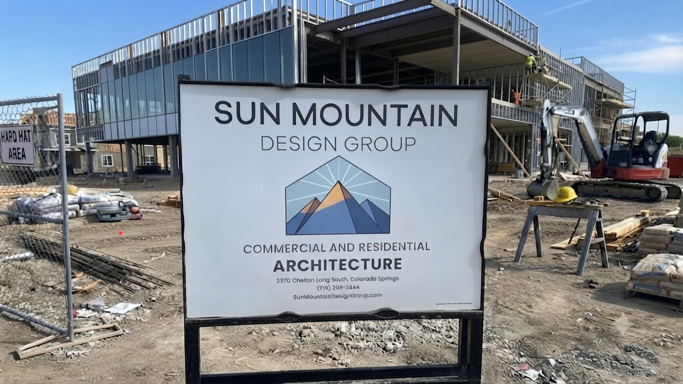 Sun Mountain Design Group sign at a construction site with building frame and heavy equipment behind it