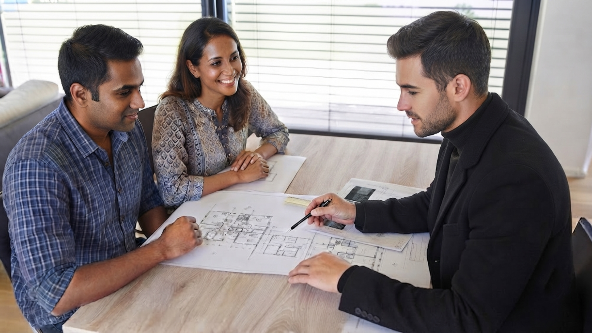 Three people reviewing sketches and notes at a table during a meeting