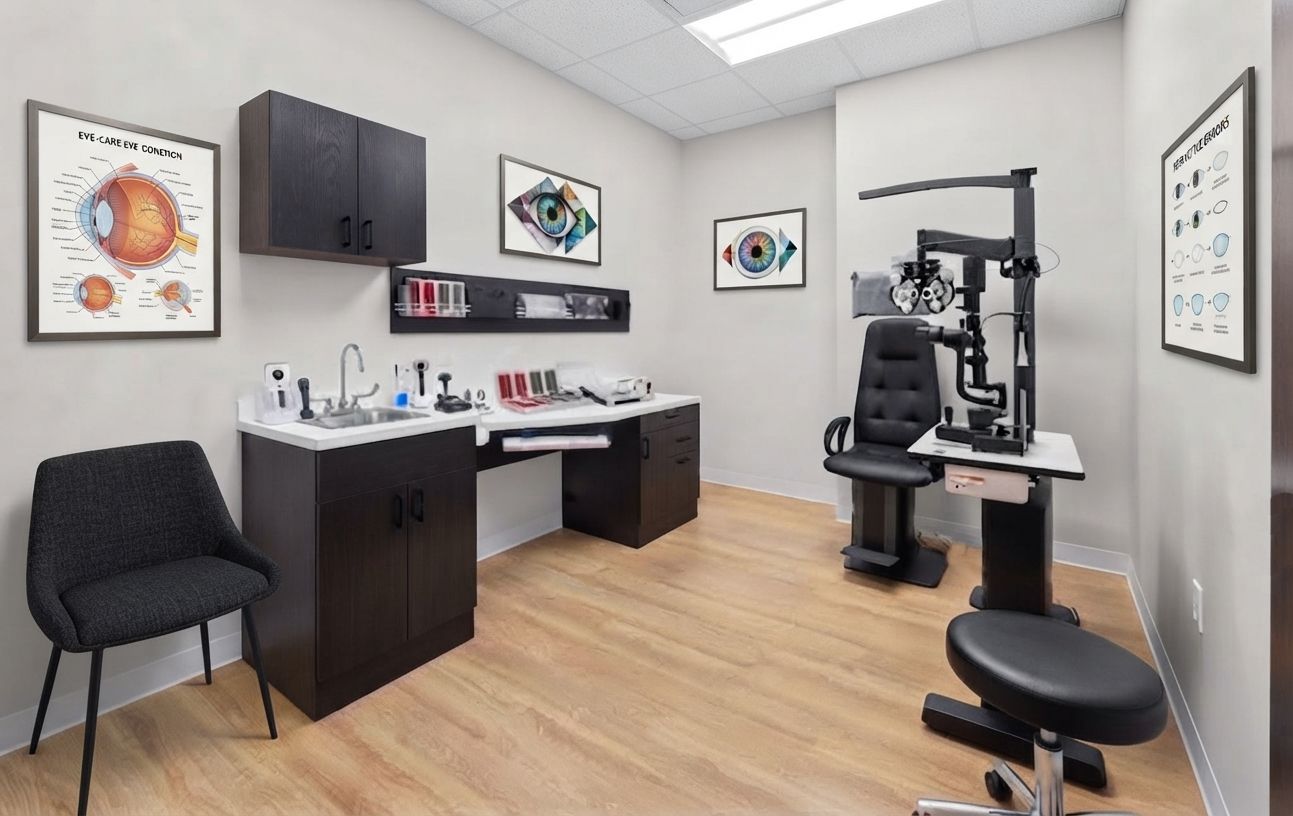 Eye exam room with exam chair, equipment, desk, and eye charts on the walls.