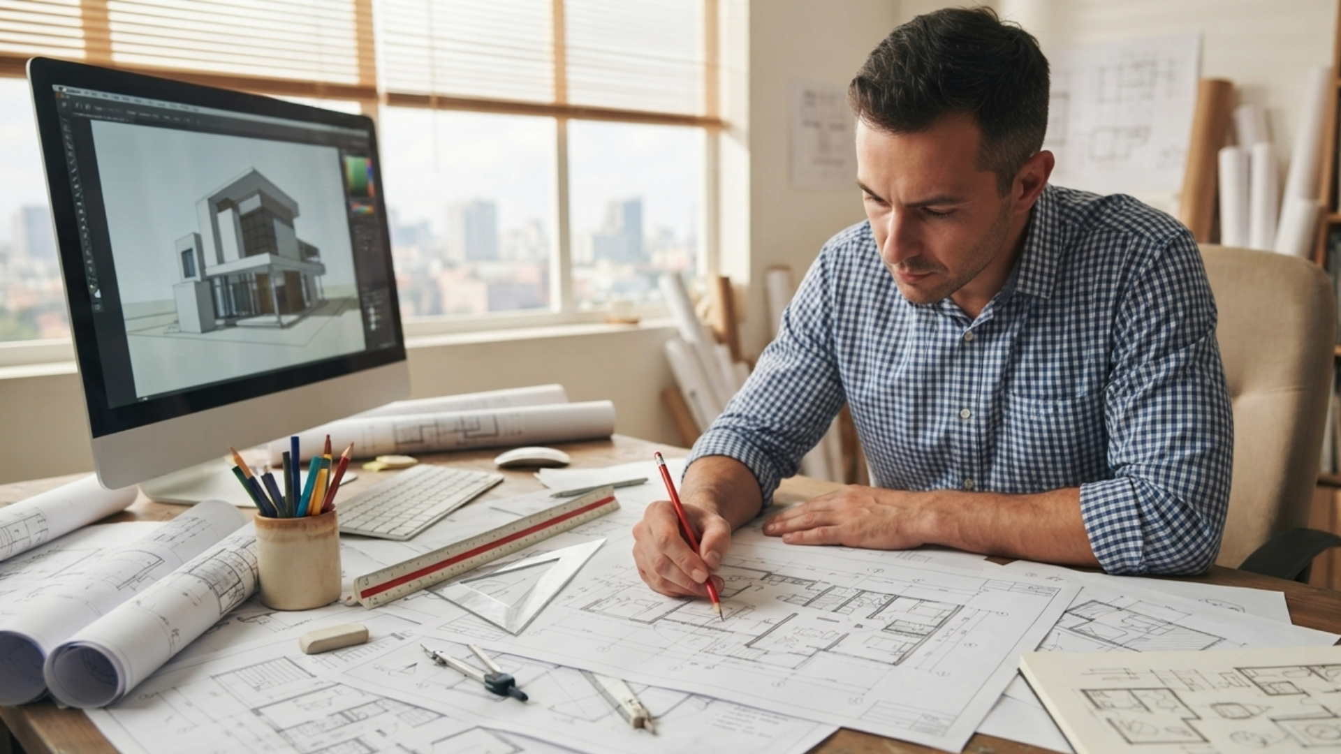 Architect reviewing house plans at a desk beside a computer displaying a 3D home design