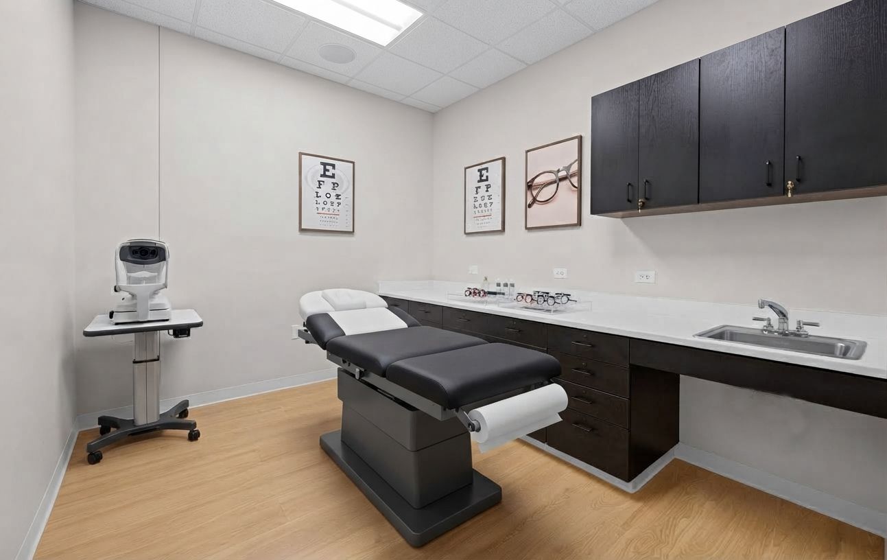 Medical exam room with black exam table, sink counter, and diagnostic equipment.