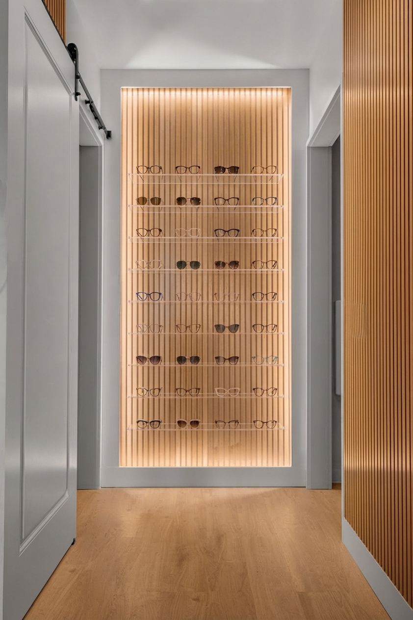 Modern hallway with a lit wall of wine bottles and warm wood paneling
