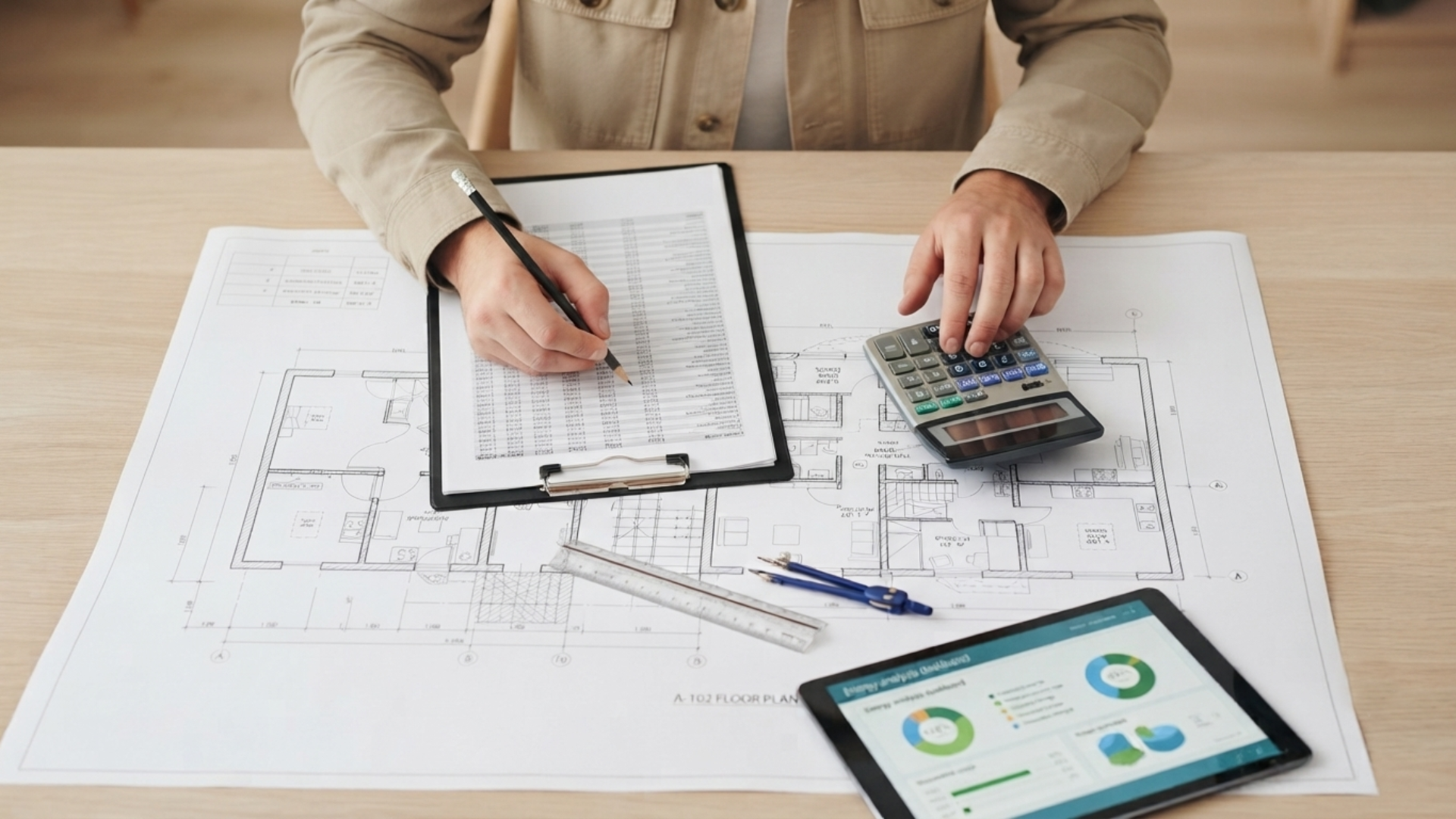 Person drafting a floor plan with a clipboard, ruler, and tablet on architectural blueprints