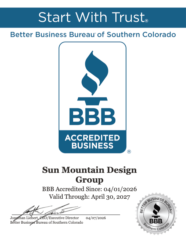 BBB Accredited Business plaque for Sun Mountain Design Group with blue logo and “Start With Trust” banner