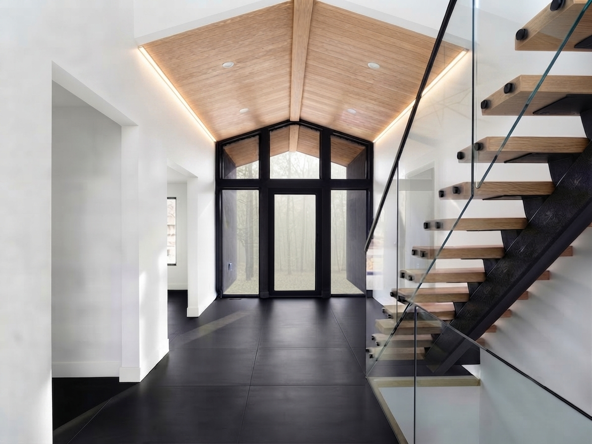 Modern hallway with black floor, white walls, wood ceiling, and floating staircase by glass doors