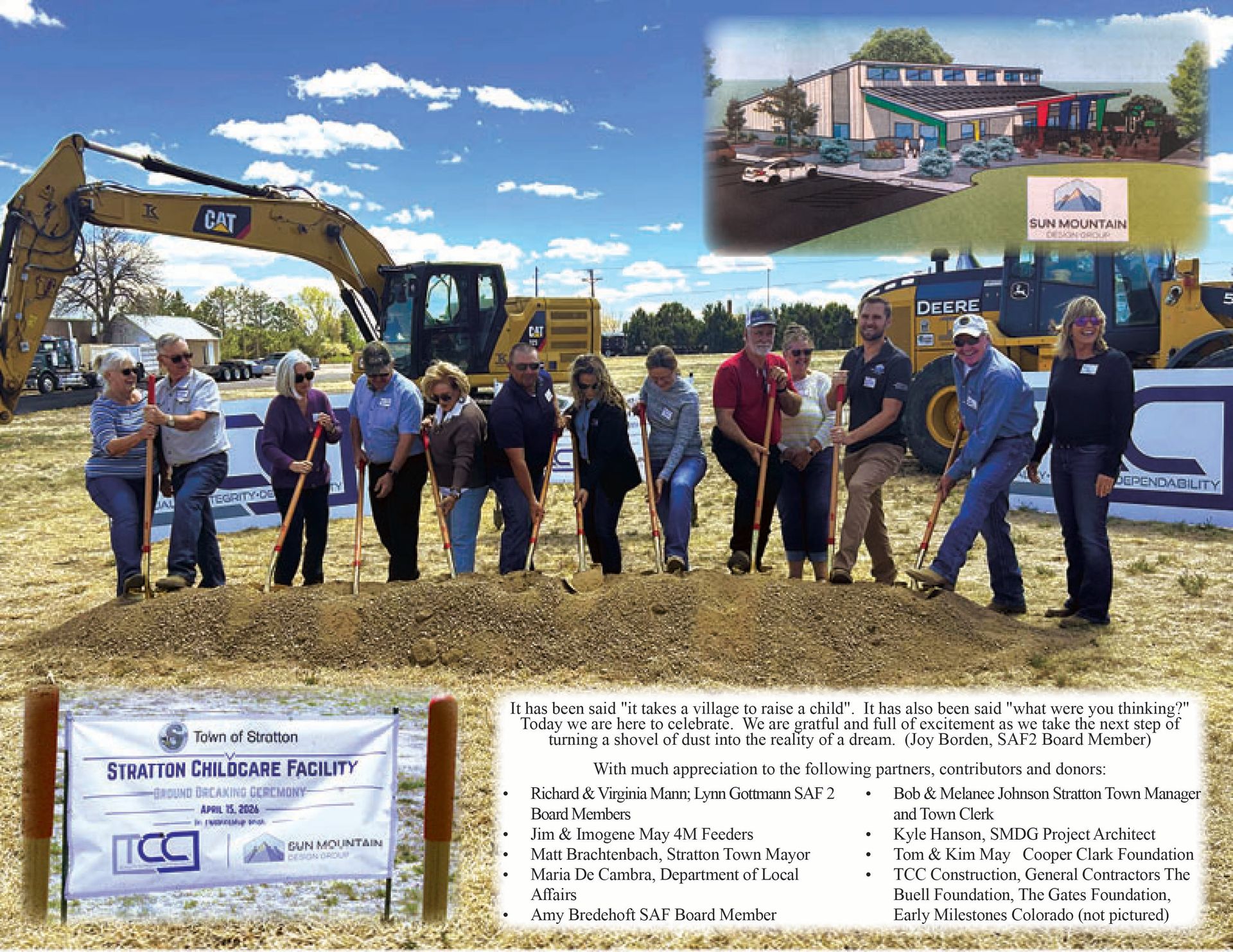 People at a groundbreaking ceremony with an excavator and site signs under a blue sky.