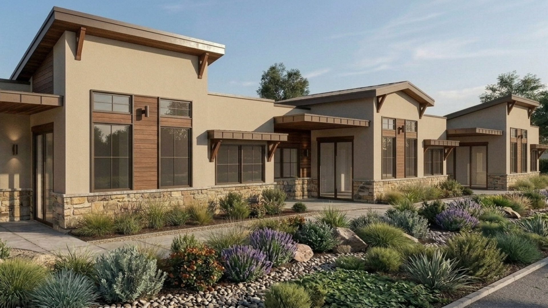 Modern beige apartment buildings with stone accents and desert landscaping along a quiet street