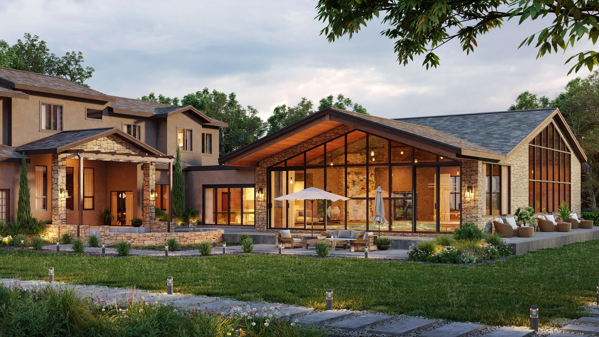 Modern rustic house with large glass windows, warm lights, and a landscaped yard at dusk