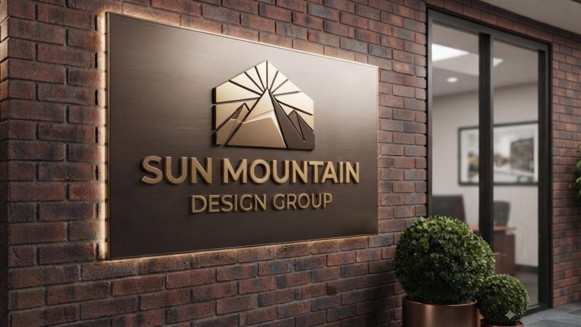 Sun Mountain Design Group sign on a brick wall beside a doorway and potted plant