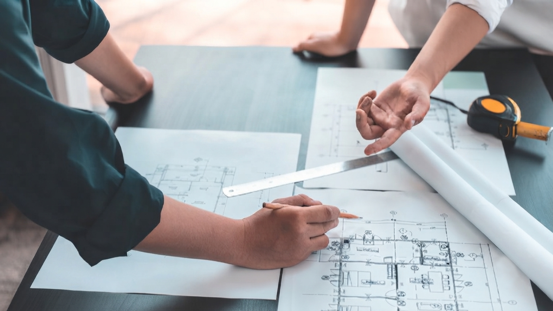 Hands drafting architectural plans on a table with rulers and rolled blueprints