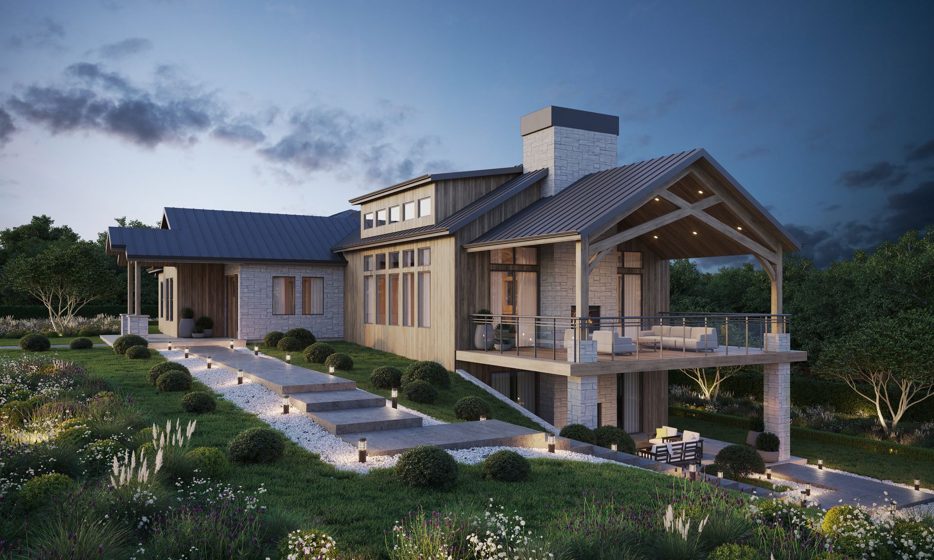Modern hillside house with stone and wood exterior, lit pathway, and surrounding greenery at dusk