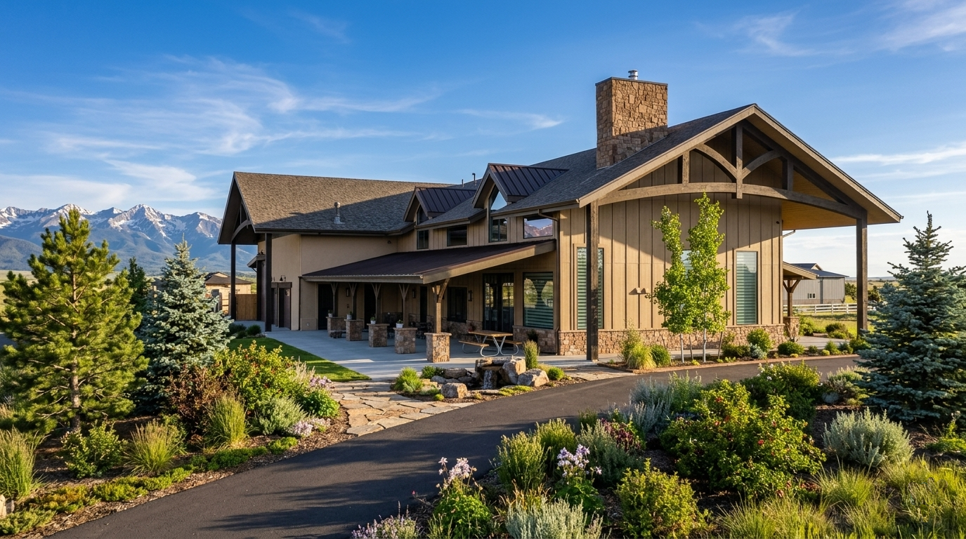 Rustic mountain lodge with wood siding and stone chimney, set among trees under a blue sky.