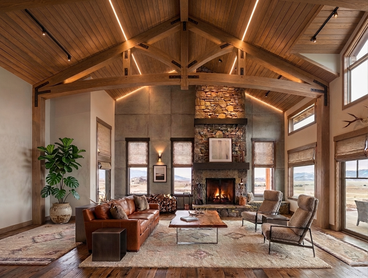 Spacious living room with vaulted wood ceiling, stone fireplace, and leather seating