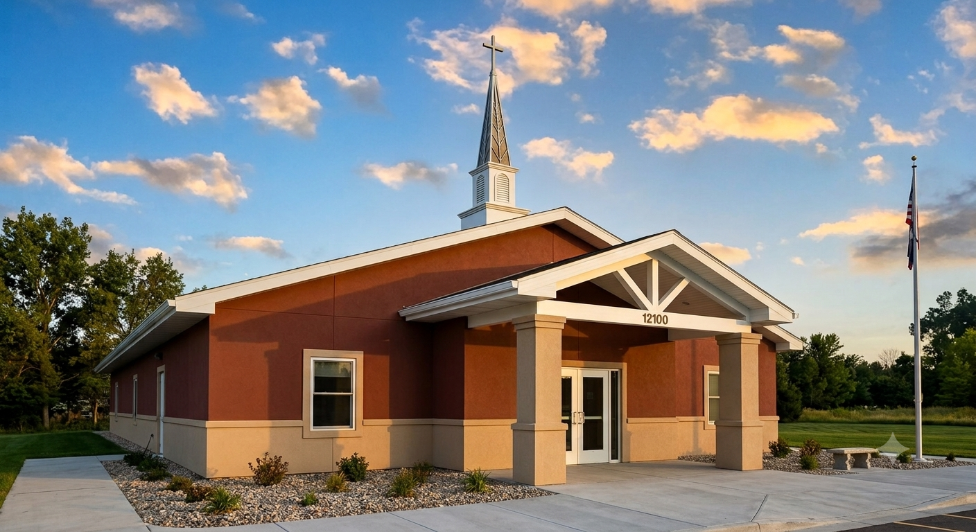 Small brick church with a steeple and front porch under a blue sky at sunset