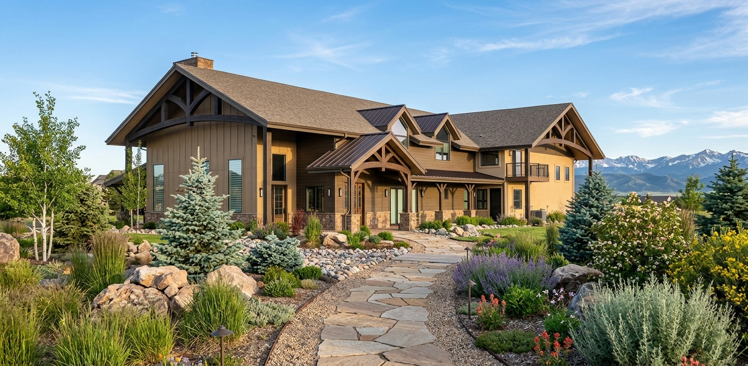 Rustic wooden house with a stone path, landscaped garden, and mountains in the background