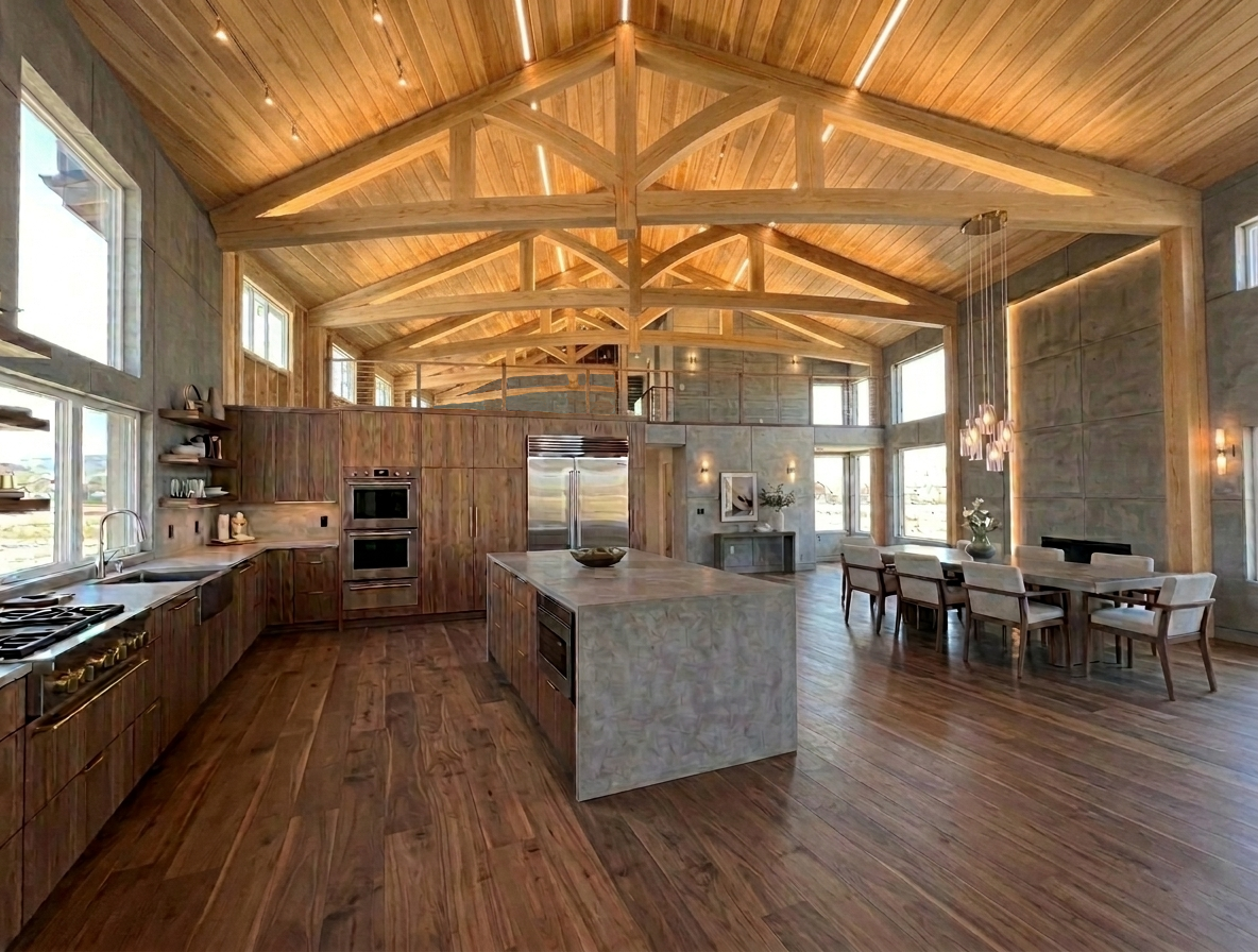 Spacious rustic kitchen and dining area with wood beams, large island, and windows overlooking trees