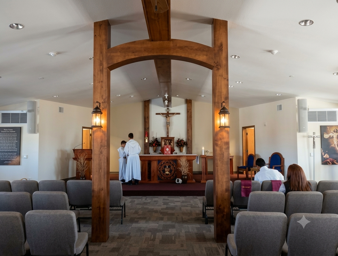Church interior with wooden arch, altar, and a few people seated in pews during a service