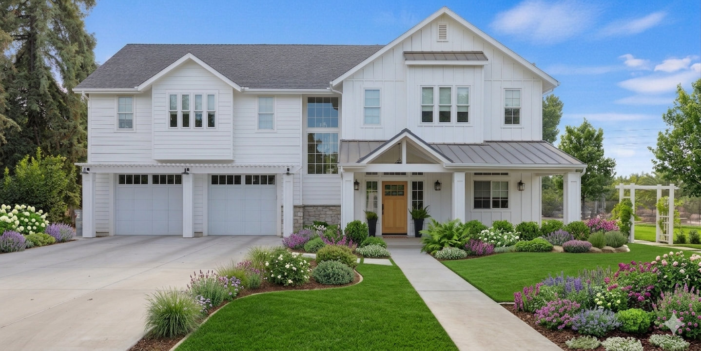 Two-story white suburban house with a double garage, front porch, and landscaped lawn