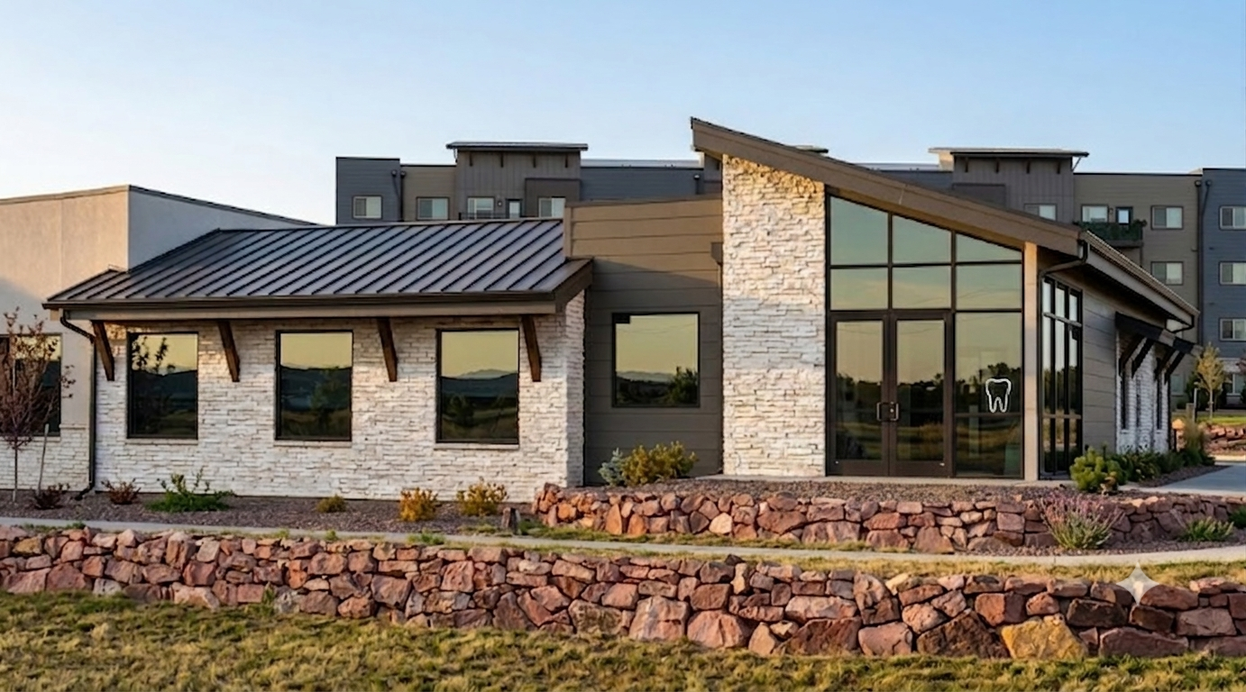 Modern stone and glass building with sloped roof and landscaped foreground at sunset
