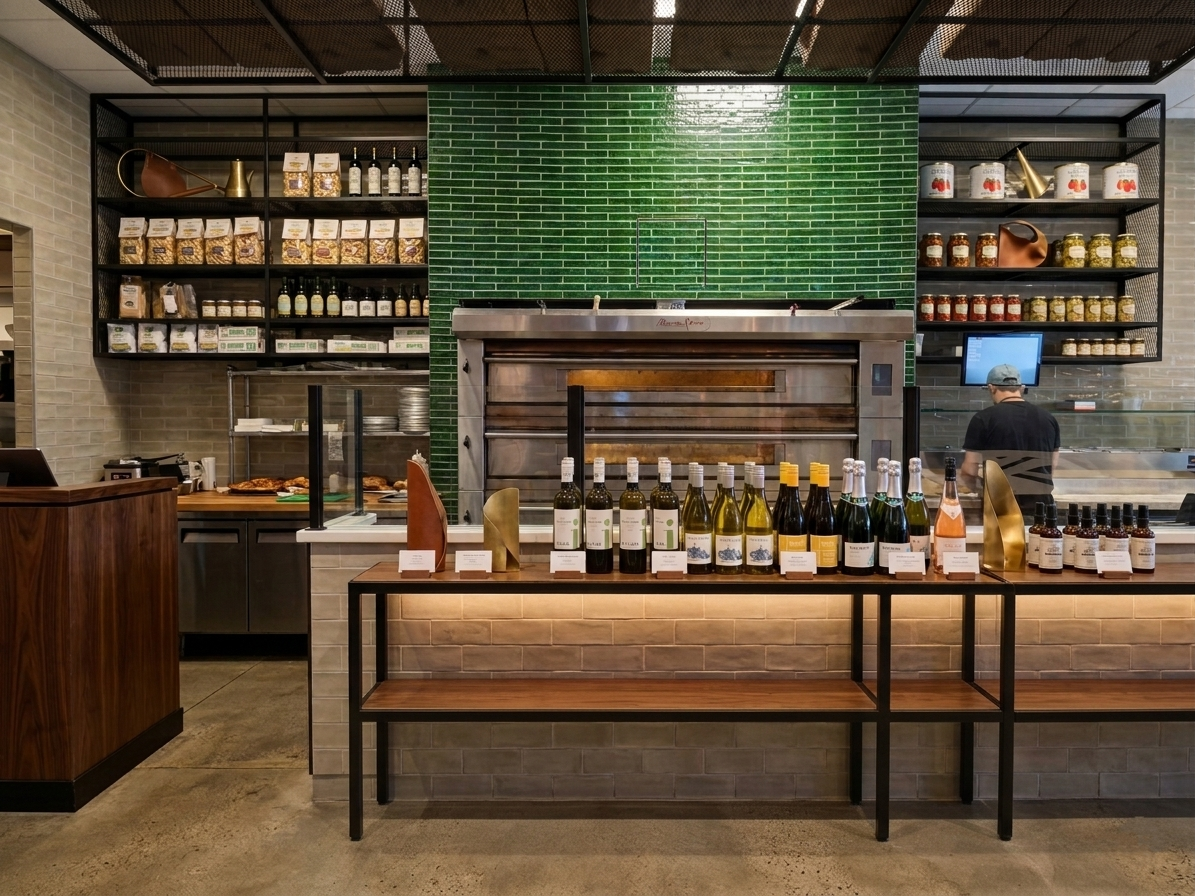 Modern café interior with wooden counter, glass pastry display, green tiled menu wall, and shelves of packaged goods