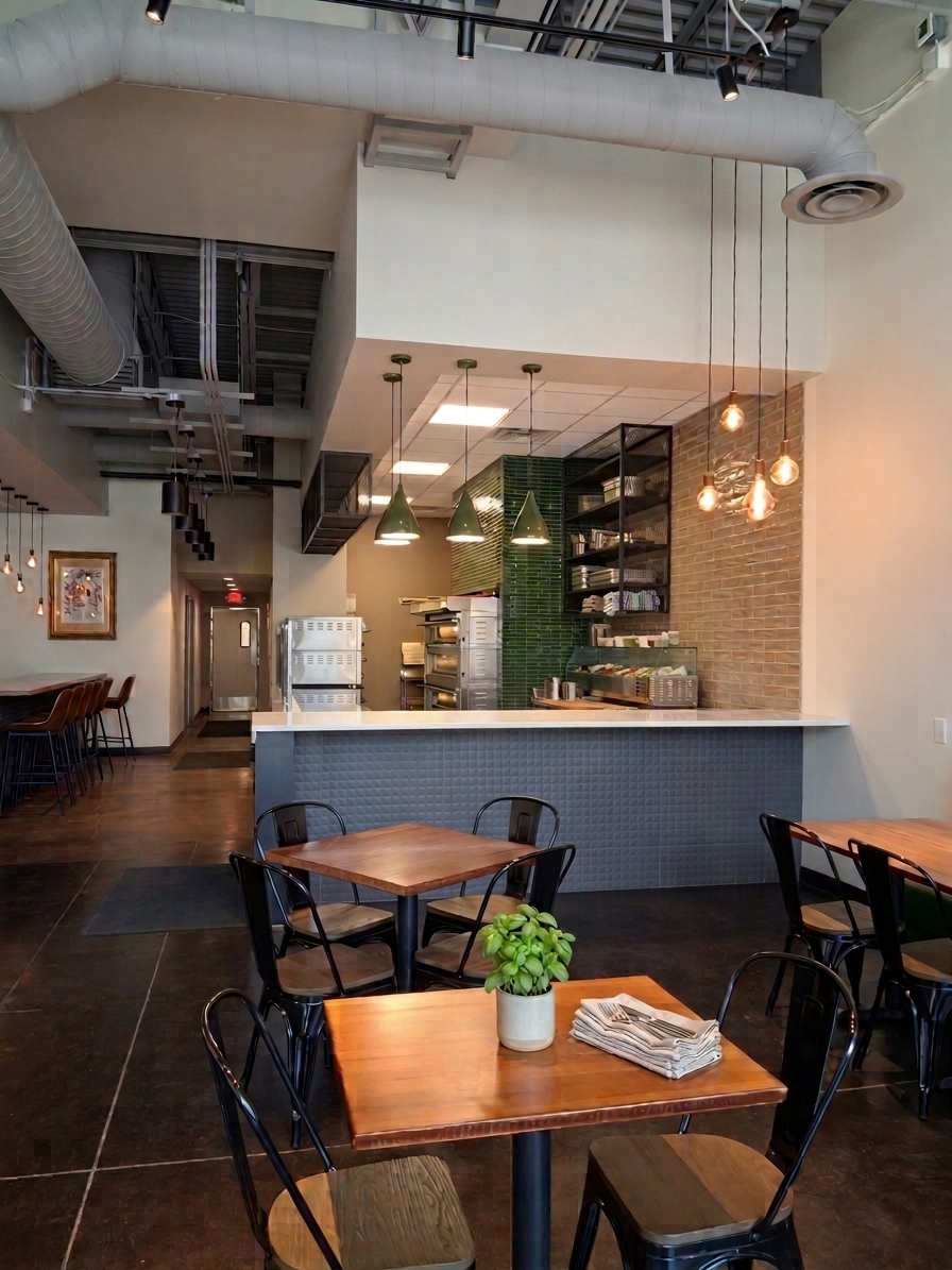 Cozy café interior with wooden tables, black chairs, tiled counter, and hanging pendant lights
